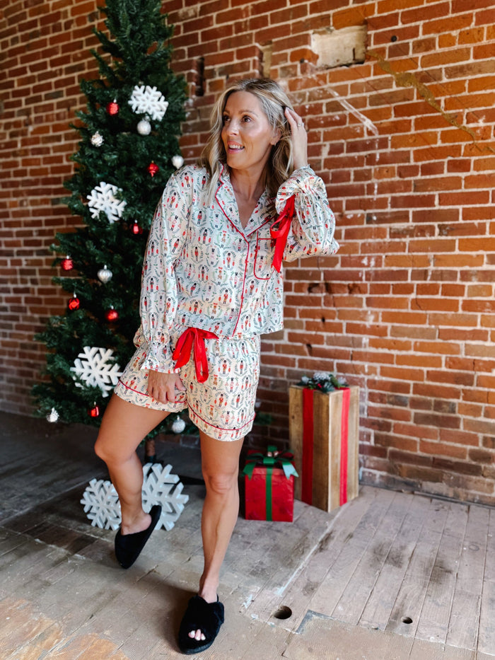 Christmas Toy Soldier Satin Pajamas with Tie Cuff Detail, IvoryRedGreen