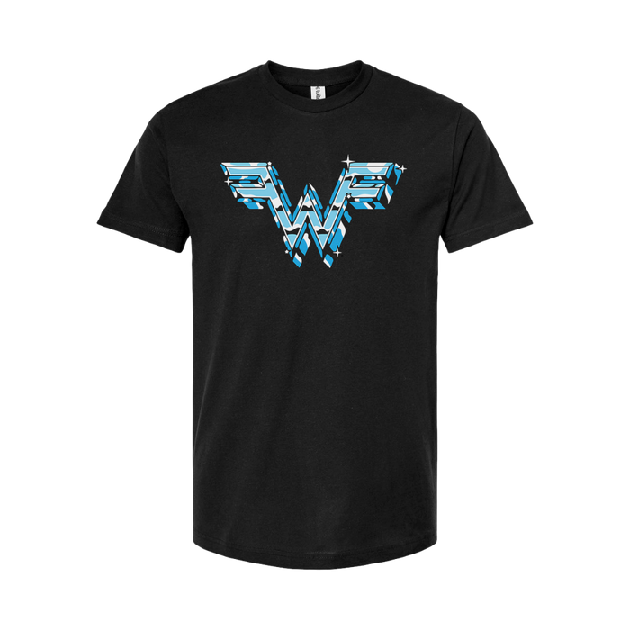 Black short-sleeved chrome logo t-shirt with stylized blue and white wonder woman design from weezer official store