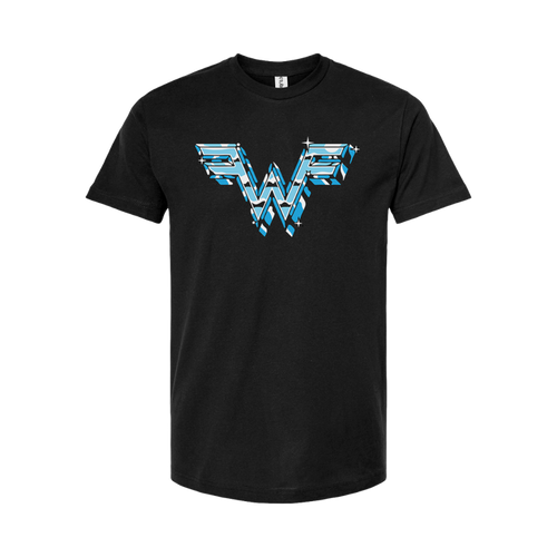Black short-sleeved chrome logo t-shirt with stylized blue and white wonder woman design from weezer official store
