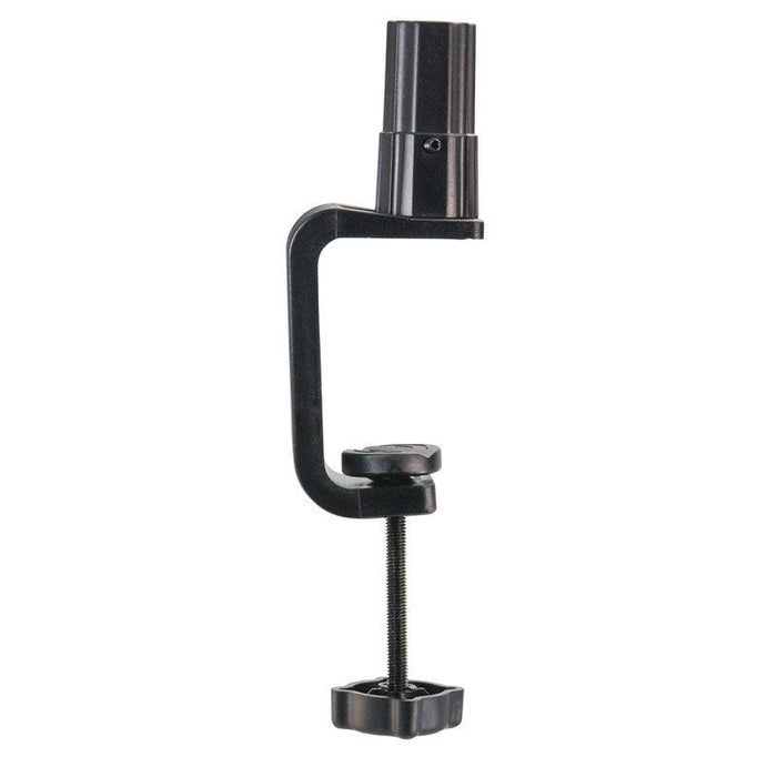 This lightweight black metal Clamp for Converting Remarkable Creator™ Stands features a top cylindrical bracket and bottom screw adjustment, making it ideal for securing objects to flat surfaces like desks or tables.