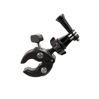 The Clamp Mount with GoPro Mount is a black, adjustable clamp featuring a tightening screw and GoPro-style attachment, perfect for action cameras. Shown isolated on a white background.