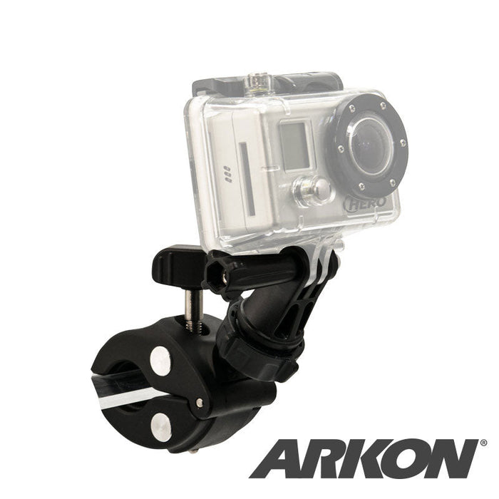 The Clamp Mount with GoPro Mount securely holds a GoPro camera to bikes or other tubular surfaces with its universal mount and black handlebar clamp. The ARKON logo is displayed in the images bottom right corner.