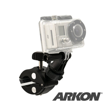 The Clamp Mount with GoPro Mount securely holds a GoPro camera to bikes or other tubular surfaces with its universal mount and black handlebar clamp. The ARKON logo is displayed in the images bottom right corner.