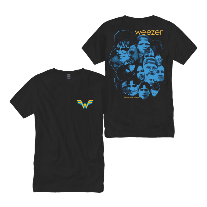 Black cotton t-shirt featuring a blue-toned collage of band members on the back and a yellow and teal wonder woman logo on the front.