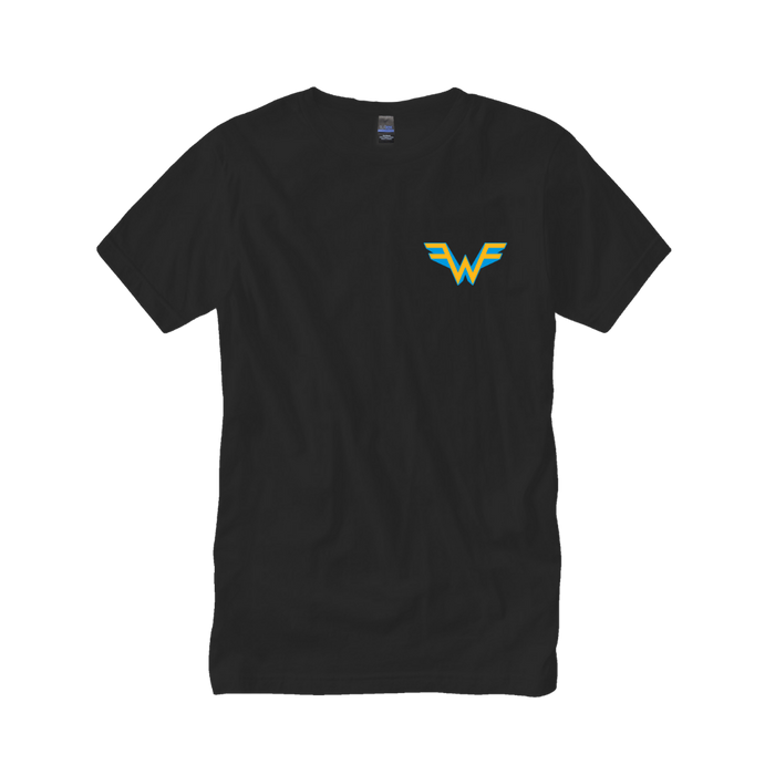 Black short-sleeved t-shirt featuring a small, stylized wonder woman logo in yellow and blue on the left chest.