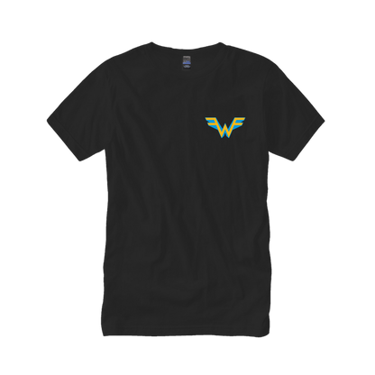 Black short-sleeved t-shirt featuring a small, stylized wonder woman logo in yellow and blue on the left chest.