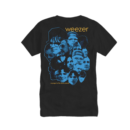 Black short-sleeved t-shirt featuring a blue graphic of multiple faces with ’weezer’ and ’voyage to the blue planet’ printed in yellow text.
