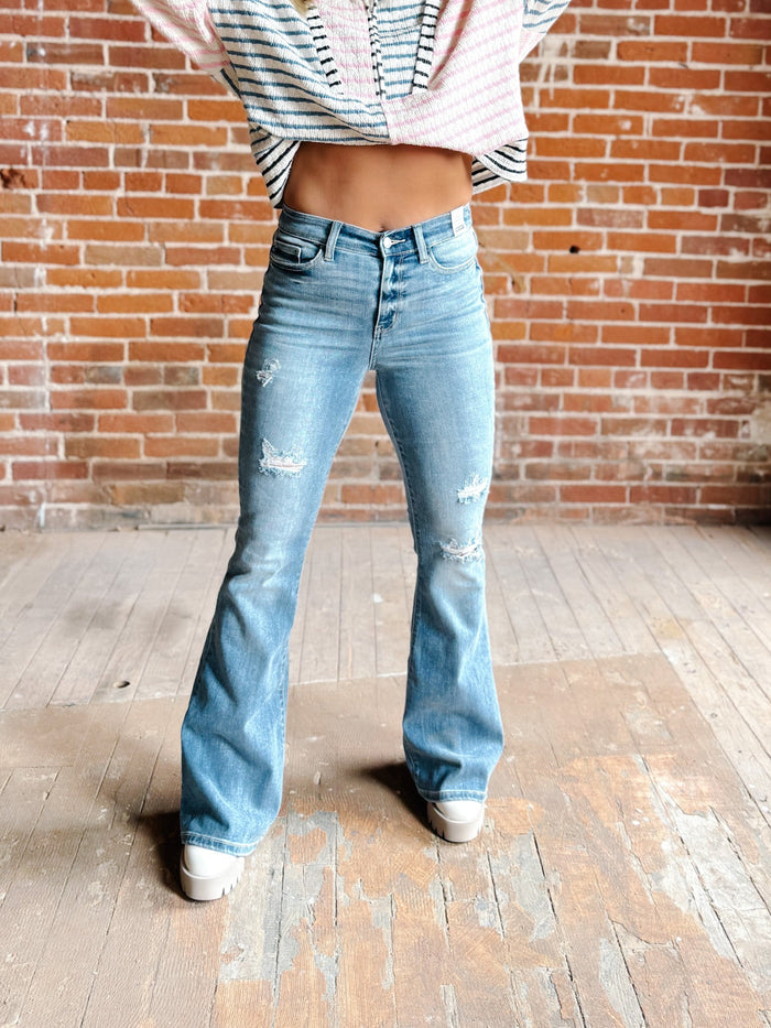 Cozette High Rise Distressed Flare, Light Wash