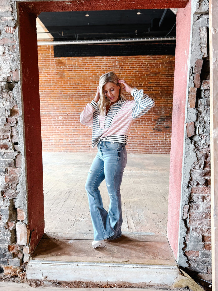 Cozette High Rise Distressed Flare, Light Wash