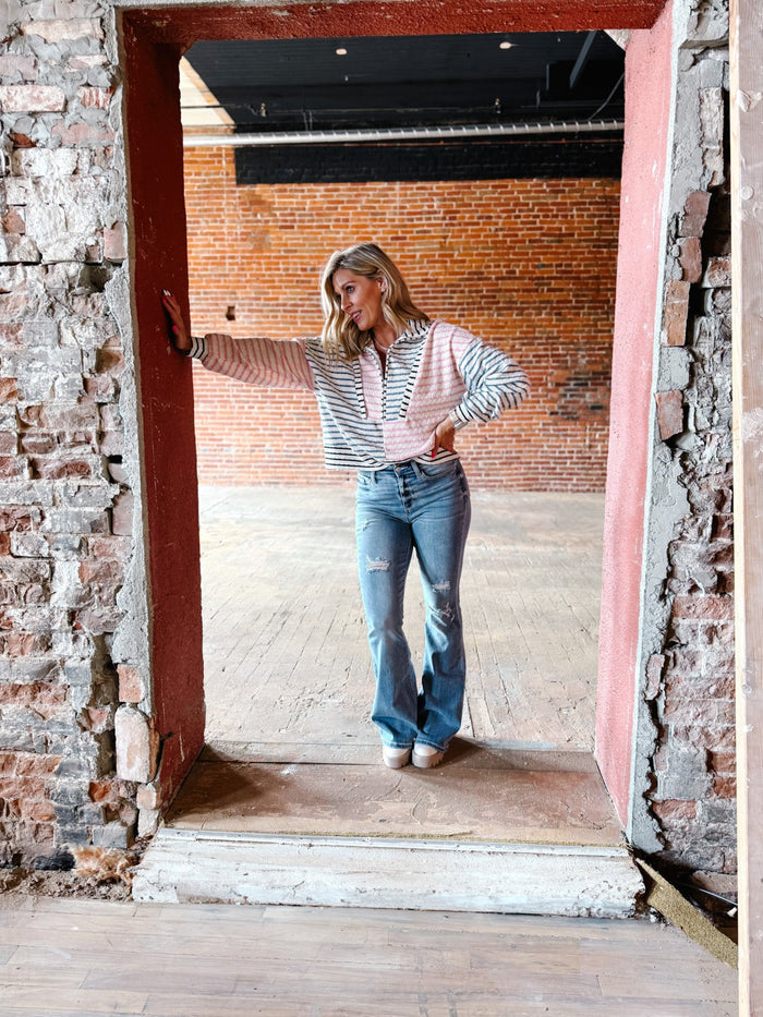 Cozette High Rise Distressed Flare, Light Wash