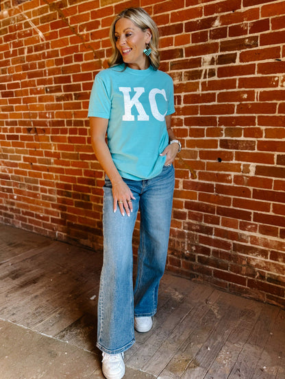 Distressed KC Crewneck Short Sleeve Tee, Lagoon