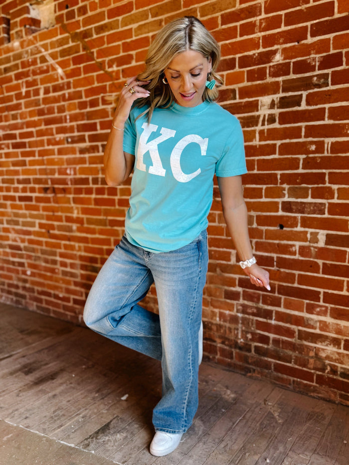 Distressed KC Crewneck Short Sleeve Tee, Lagoon