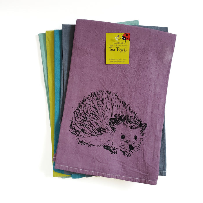 Dyed Hedgehog Tea Towel, Screen Printed flour sack