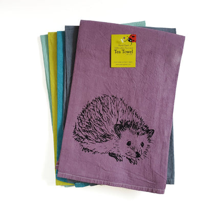 Dyed Hedgehog Tea Towel, Screen Printed flour sack