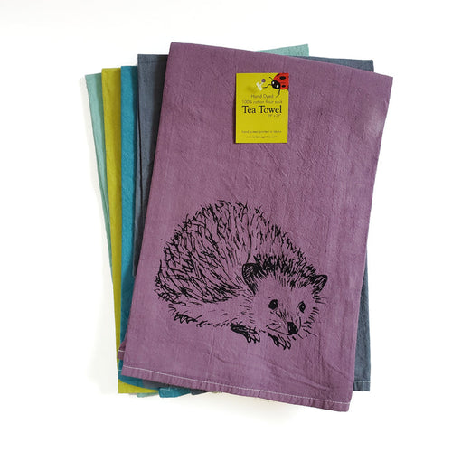 Dyed Hedgehog Tea Towel, Screen Printed flour sack