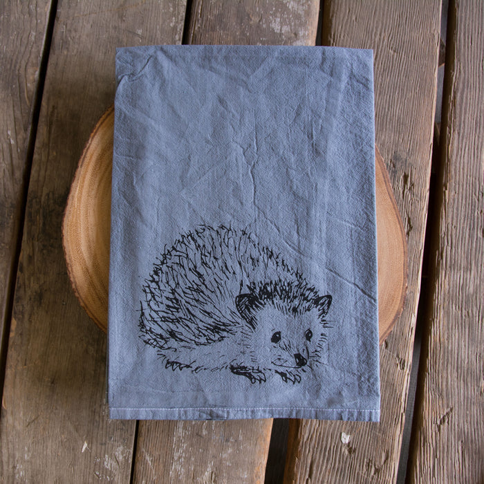 Dyed Hedgehog Tea Towel, Screen Printed flour sack