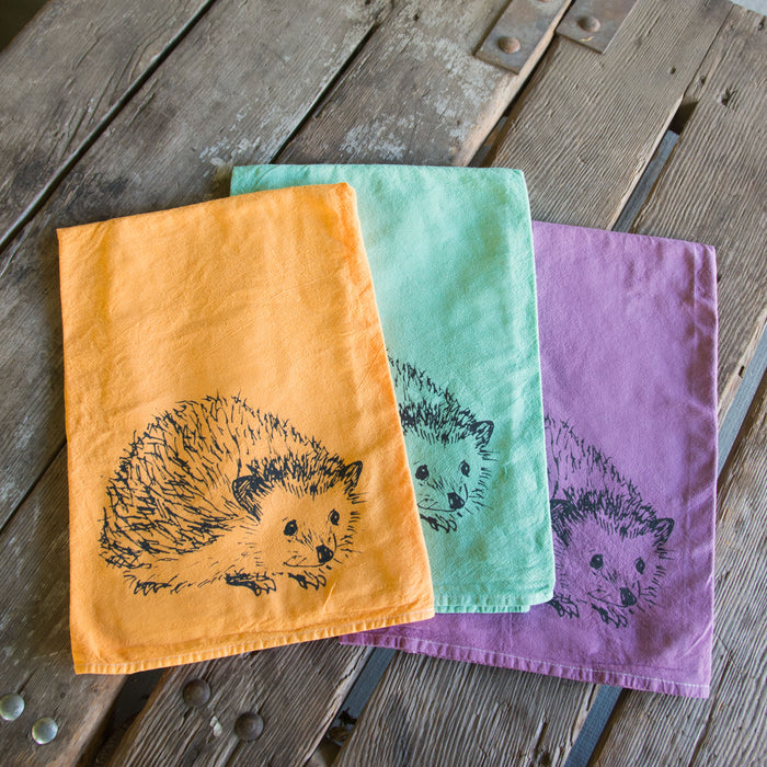 Dyed Hedgehog Tea Towel, Screen Printed flour sack