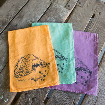 Dyed Hedgehog Tea Towel, Screen Printed flour sack
