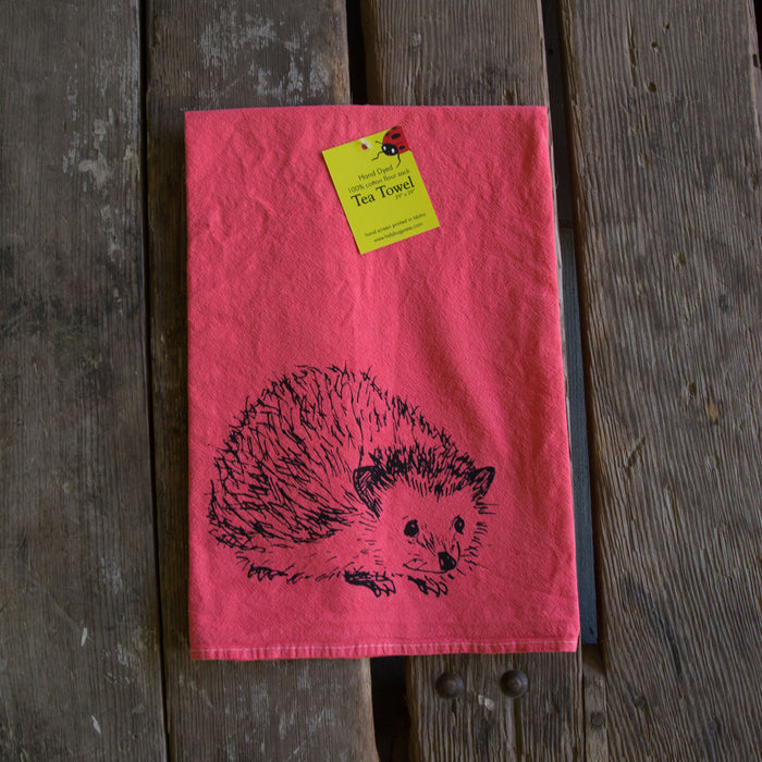 Dyed Hedgehog Tea Towel, Screen Printed flour sack