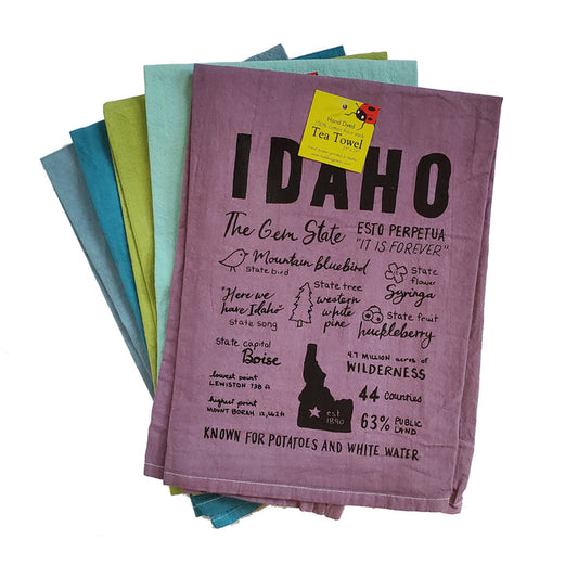 Dyed Idaho Facts Tea Towel, Hand drawn and Screen Printed flour sack towel