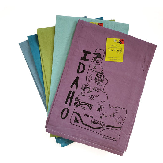 Dyed Idaho Map Tea Towel, Screen Printed flour sack towel