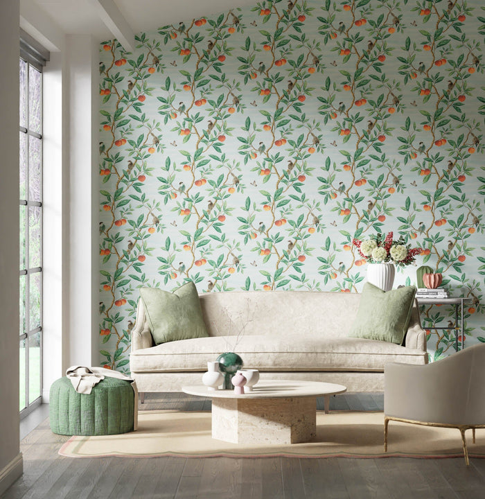 Ella wallpaper - Sky/Fig Leaf/Nectarine - Diane Hill