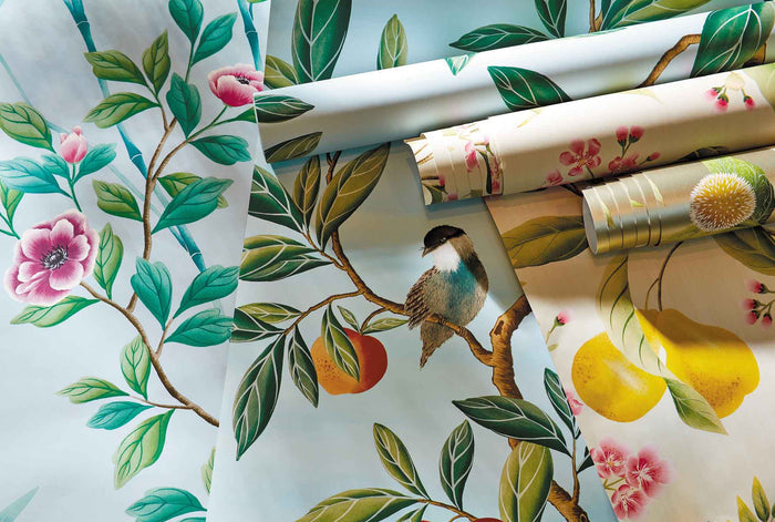 Ella wallpaper - Sky/Fig Leaf/Nectarine - Diane Hill