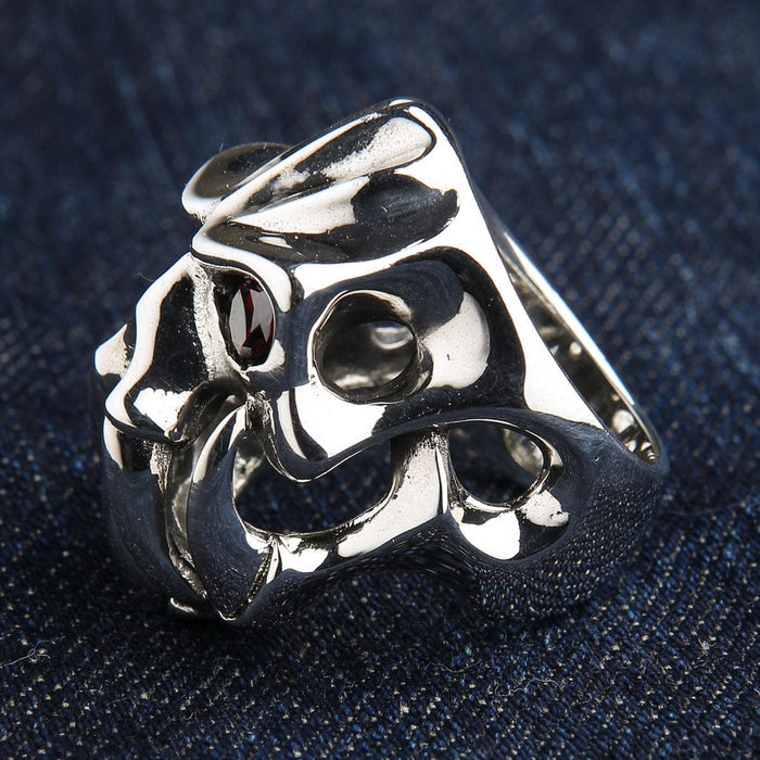 The other side of the openwork silver demon ring, showing its unique hollow design.