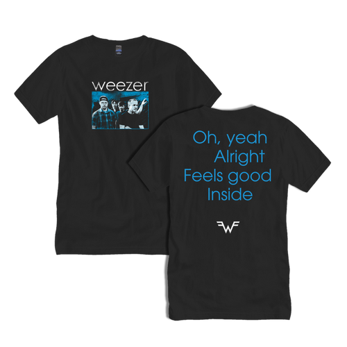 Black cotton t-shirt featuring a blue-tinted band photo and text on the front, with ’oh, yeah alright feels good inside’ in light blue lettering and a white logo on the back.
