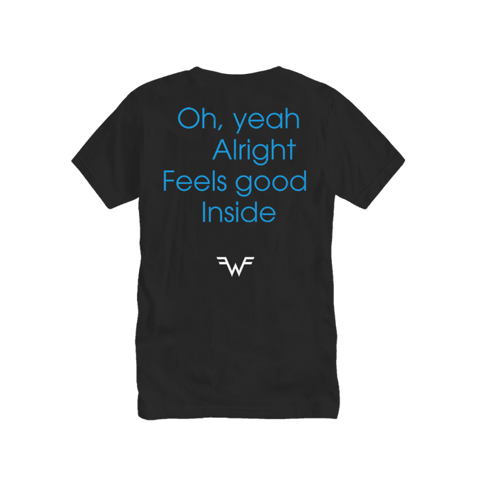 Black short-sleeved t-shirt with blue text reading ’oh, yeah alright feels good inside’ and a white stylized logo below.