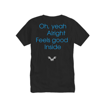 Black short-sleeved t-shirt with blue text reading ’oh, yeah alright feels good inside’ and a white stylized logo below.