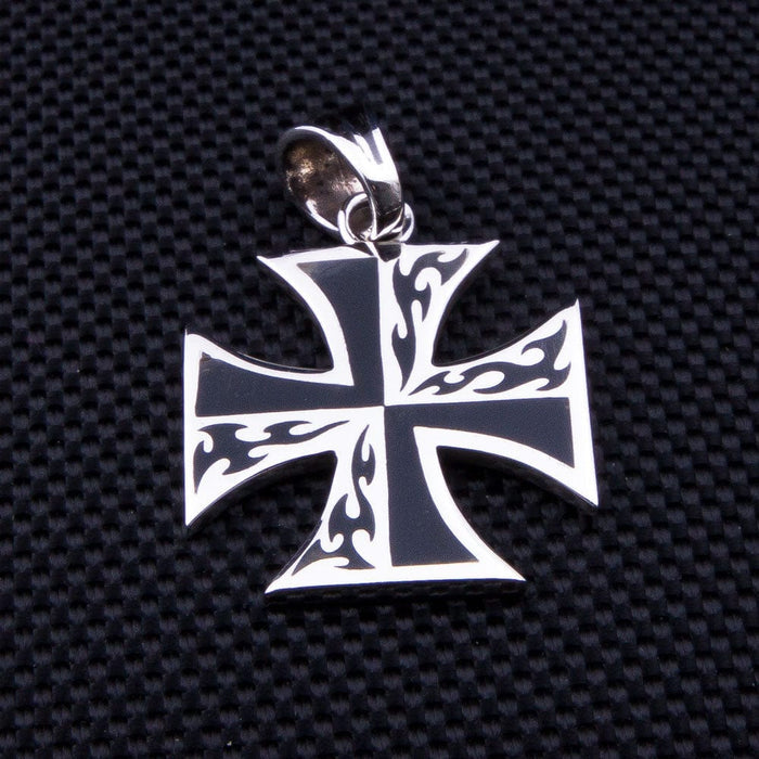 A sterling silver biker pendant showcasing a unique and powerful flame and iron cross design.