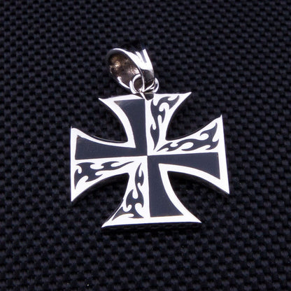 A sterling silver biker pendant showcasing a unique and powerful flame and iron cross design.