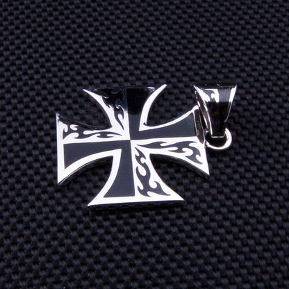 A sterling silver biker cross pendant with a stylized and modern flame motif inlay.