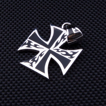 A men's flame cross pendant, highlighting its edgy and masculine tattoo-inspired aesthetic.