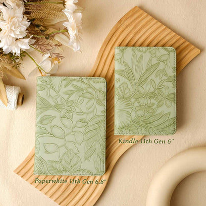 Floral Leather Kindle Case - Green