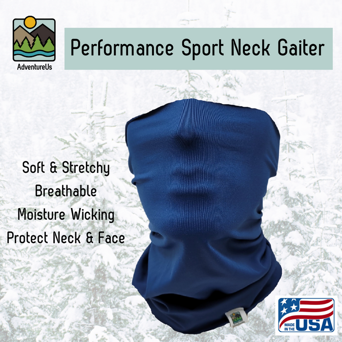 Protect your neck and face from the cold and wind with a soft, stretchy performance sport Neck Gaiter made in the USA by AdventureUs in Washburn Wisconsin.  Made with high quality, sustainably sourced material to keep you warm and dry during cold weather and winter adventures. Neck warmers are a must-have addition to your cold weather layers.