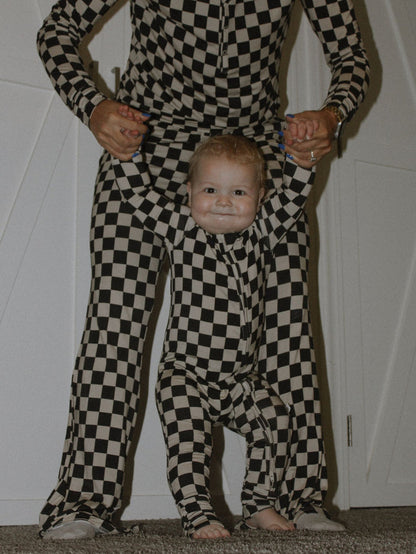 Forever French Baby Bamboo Zip Pajamas, Black Checkered