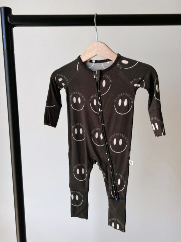 Forever French Baby Bamboo Zip Pajamas, Charcoal & White ff Smile
