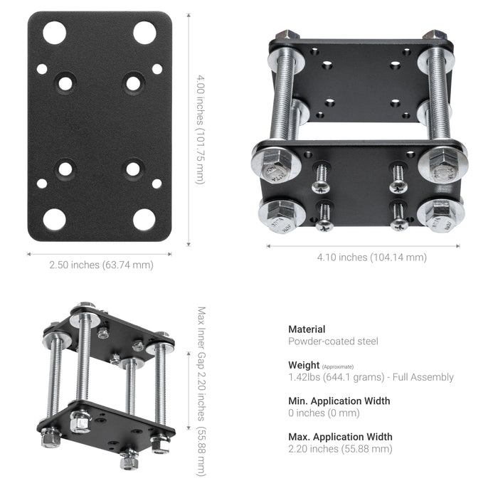 Four views of the Forklift Front Guard AMPS Mount with 7.25 metal shaft, made of black powder-coated steel. Plate: 4.00 x 2.50 in; assembled: 4.10 x 2.20 in; max inner gap: 2.20 in; weight: 1.42 lbs; AMPS-compatible tablet mount design with bolts included.