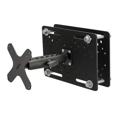 The Forklift Overhead Guard VESA Mount with 6 Metal Shaft is a sturdy, black adjustable wall bracket for monitors or TVs, featuring an extendable arm and a VESA-compatible plate like those on warehouse vehicle mounts.
