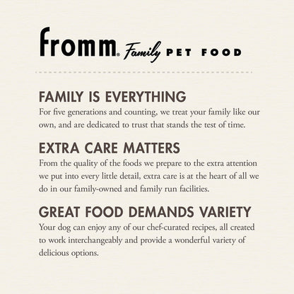 Fromm Dry Dog Food Chicken au Frommage Recipe A French-inspired entrée with chicken, cheese, and an assortment of fruits & vegetables - Dog.Dog.Cat.