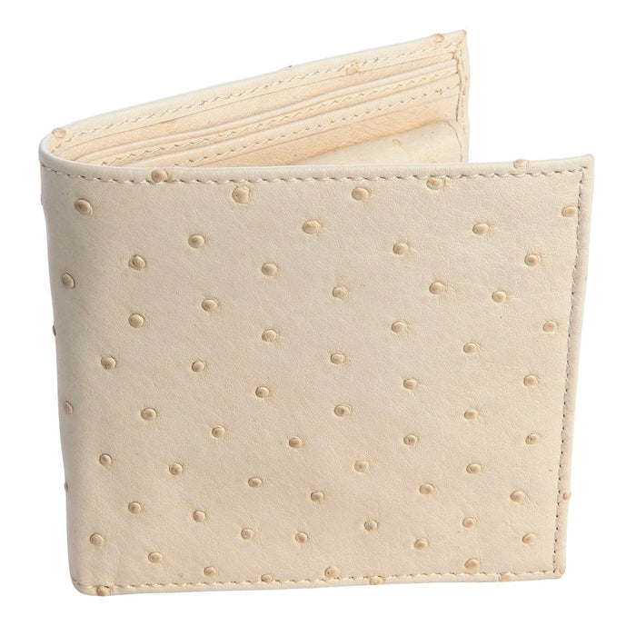 The men's white ostrich bifold wallet, partially open.