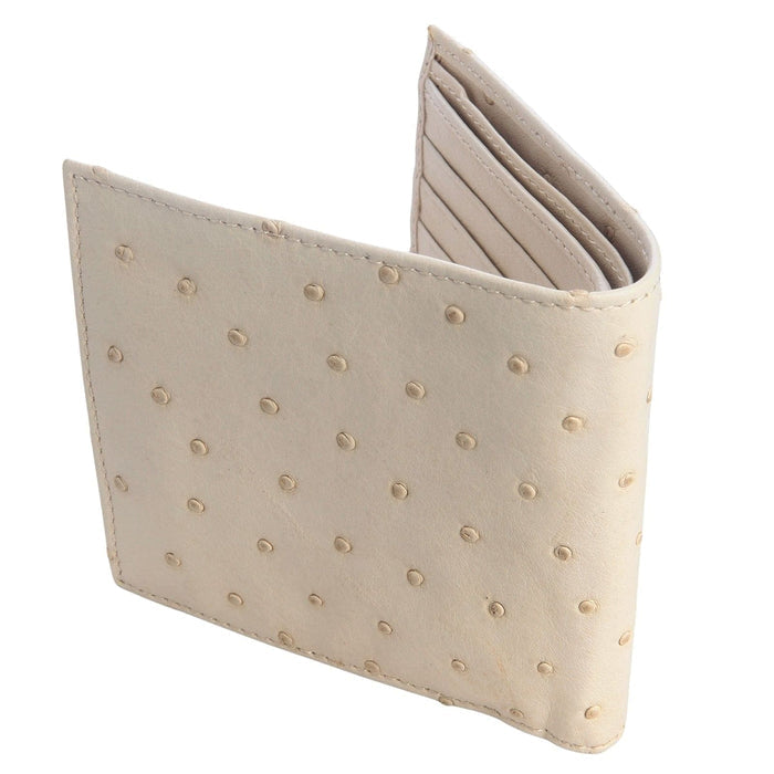 A studio shot of the luxury white ostrich leather wallet.