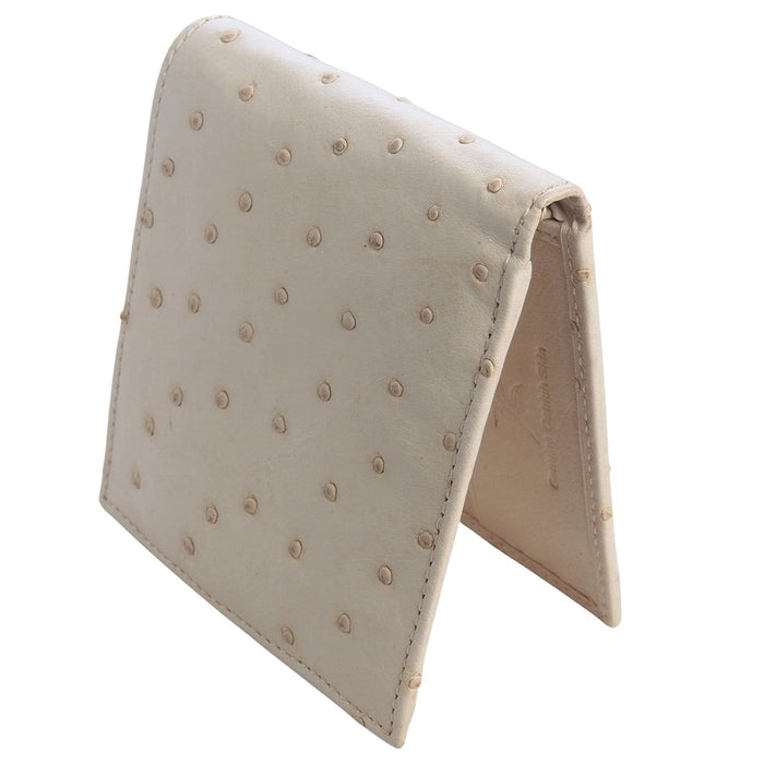 The exotic leather wallet in white ostrich skin, standing on its side.