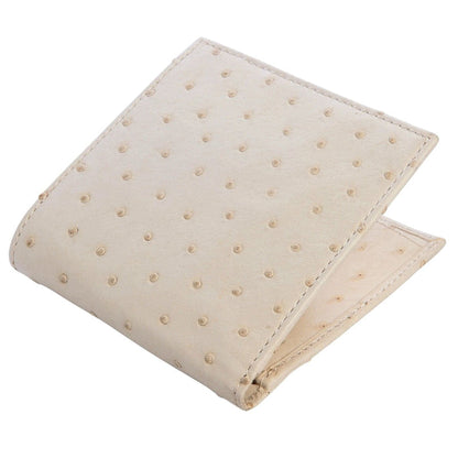 A handcrafted genuine white ostrich wallet, closed, at an angle.