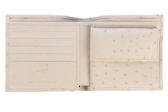 The interior of the white ostrich wallet, showing the 7 card slots and coin pocket.