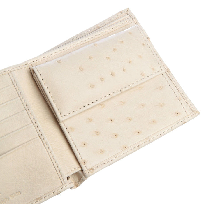 A close-up of the genuine ostrich skin coin pouch with its snap.