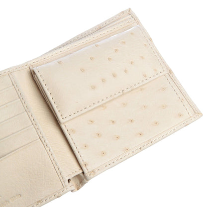 A close-up of the genuine ostrich skin coin pouch with its snap.
