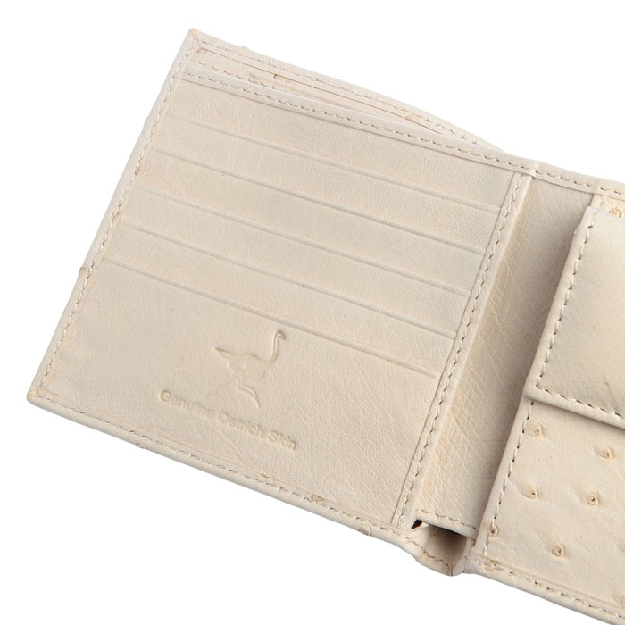 A close-up of the "Genuine Ostrich Skin" stamp inside the wallet.